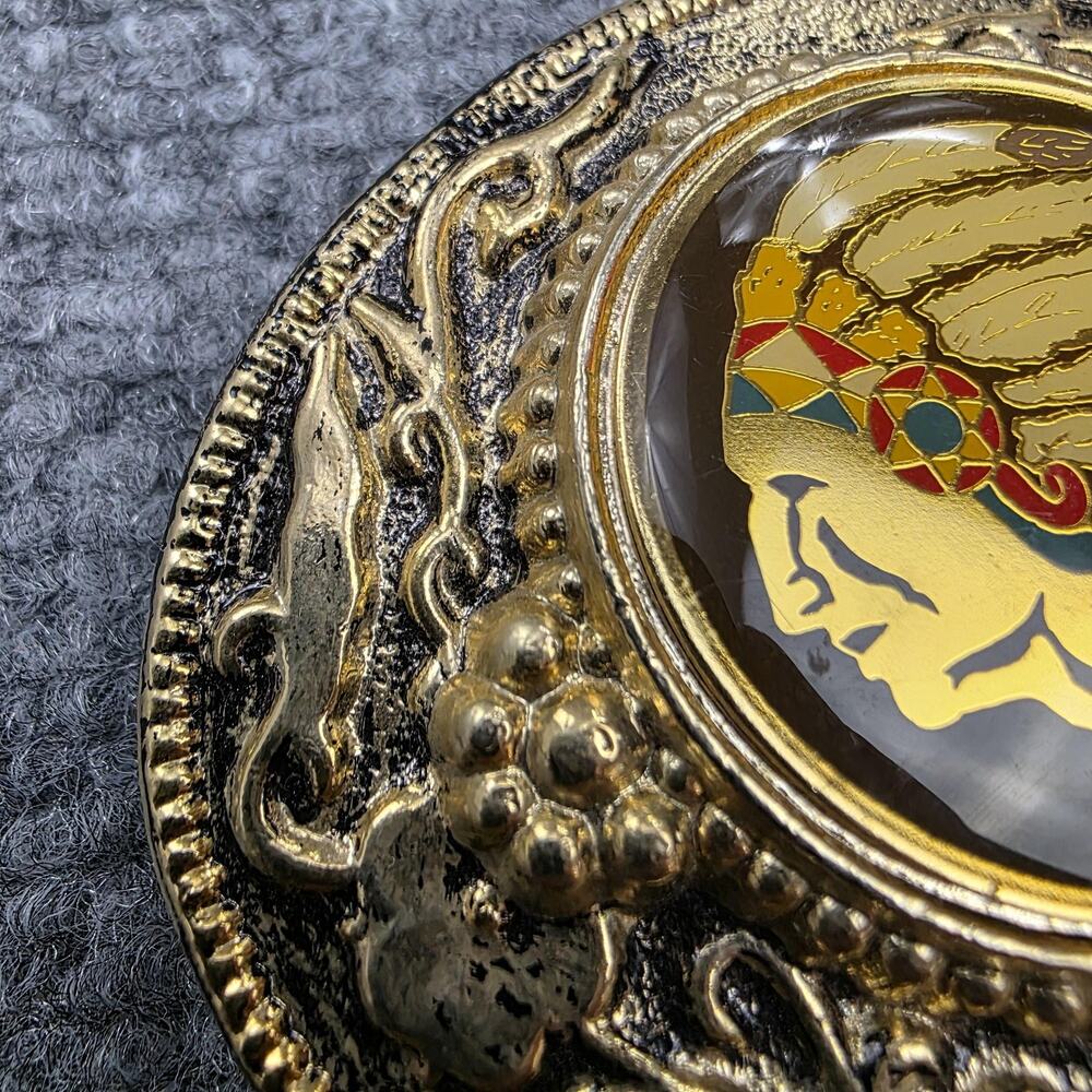 Vintage Brass Tone Belt Buckle Indian Chief Head USA No. 851 3x2.5in Western - Picture 5 of 10